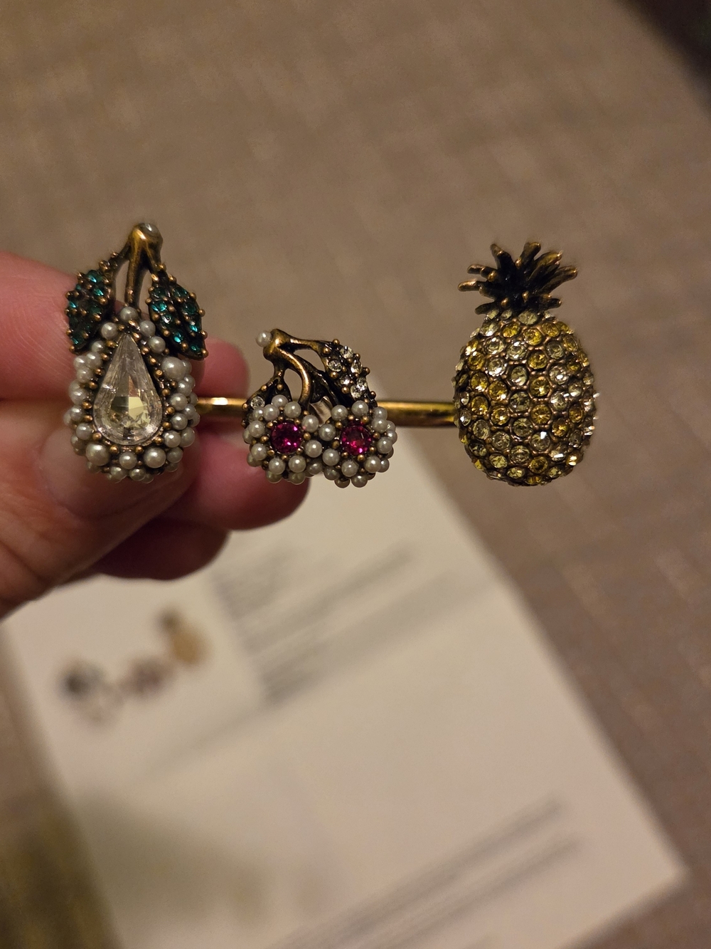 Gucci Crystal Faux Pearl, Pineapple, Cherry, & Pear Hand Ring Size 7.5